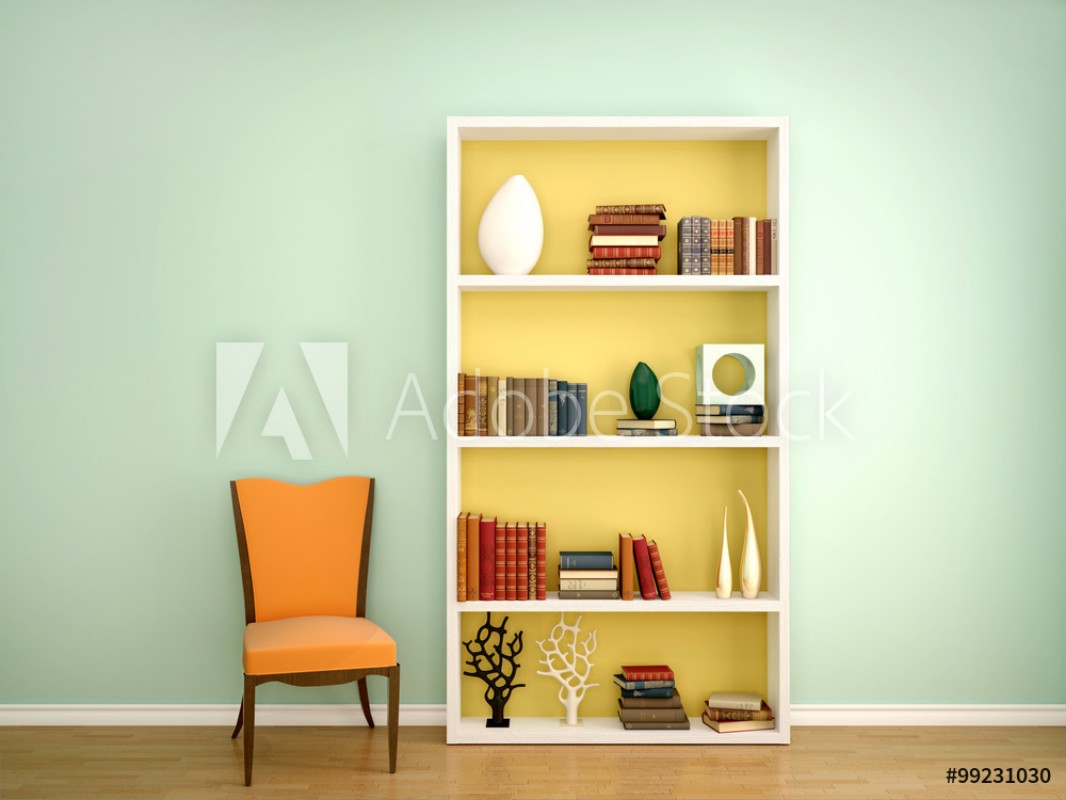 Afbeeldingen van 3d illustration of books on the shelves of the decor in the inte